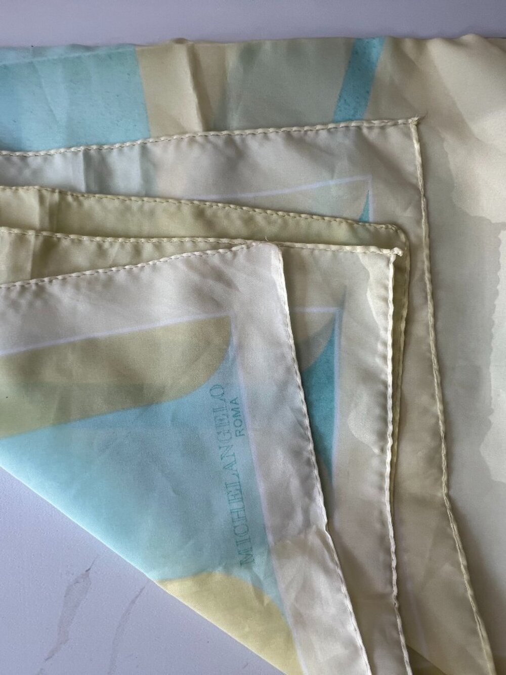 Silk Michelangelo scarf made in Italy, geometric pastels  30x30 lightweight